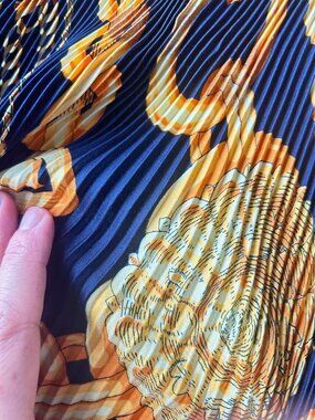 Pleated Silk Scarf | Gold Chain Baroque Print | Navy & Gold Statement Shawl